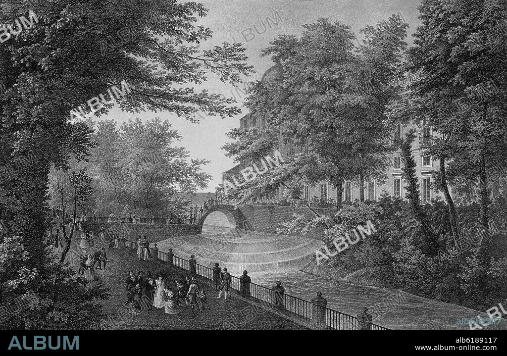 FERNANDO BRAMBILA. VISTA DEL REAL PALACIO DE ARANJUEZ DEL LADO DEL NORTE CONTIGUA A LA CASCADA CHICA TOMADA DESDE LA ISLA - GRABADO SIGLO XIX.