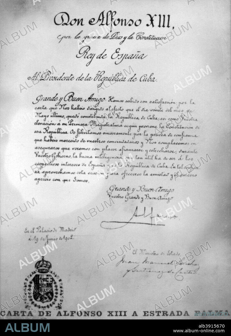 Letter from Alfonso XIII, King of Spain, to Tomás Estrada Palma, first President of Cuba, c1910. Cigar card from the History of Cuba,  Geografico Universal, Propaganda de los Cigarros Susini y La Corona, Tabacalera Cubana.