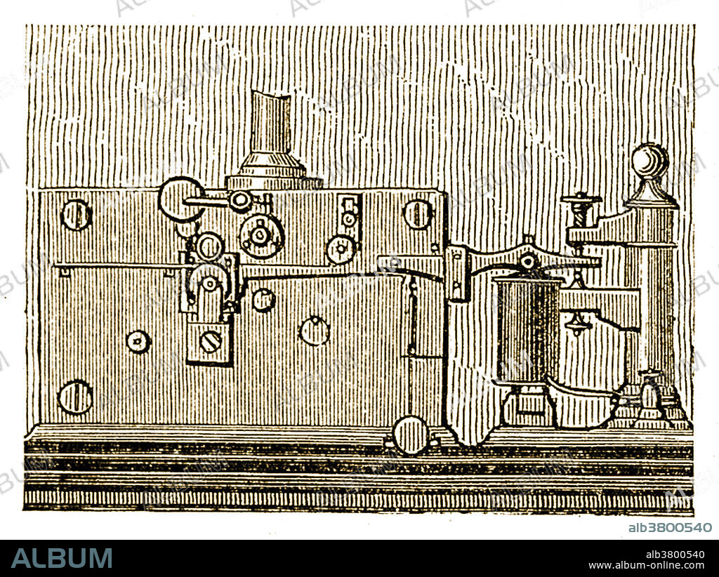 Telegraph machine designed by Samuel Morse. Illustration c. 1889. Morse (1791-1872) was an American contributor to the invention of a single-wire telegraph system based on European telegraphs and co-inventor of the Morse code. In 1844 the first telegraph line, about 65km long, was completed linking Washington to Baltimore. The first message sent by Morse was What hath God wrought; it was sent in a code of dots and dashes, the Morse code, which he had devised in 1838. There is an argument amongst historians that Morse may have received the idea of a plausible telegraph from Harrison Gray Dyar and he never acknowledged the help received by the American physicist J. Henry.