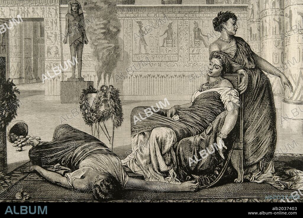 VALENTINE CAMERON PRINSEP (after). Cleopatra VII Philopator (69-30 BC). Queen of Egypt. Death of Cleopatra. Engraving after a painting of Prinsep. The Spanish and American Illustration, 1872.