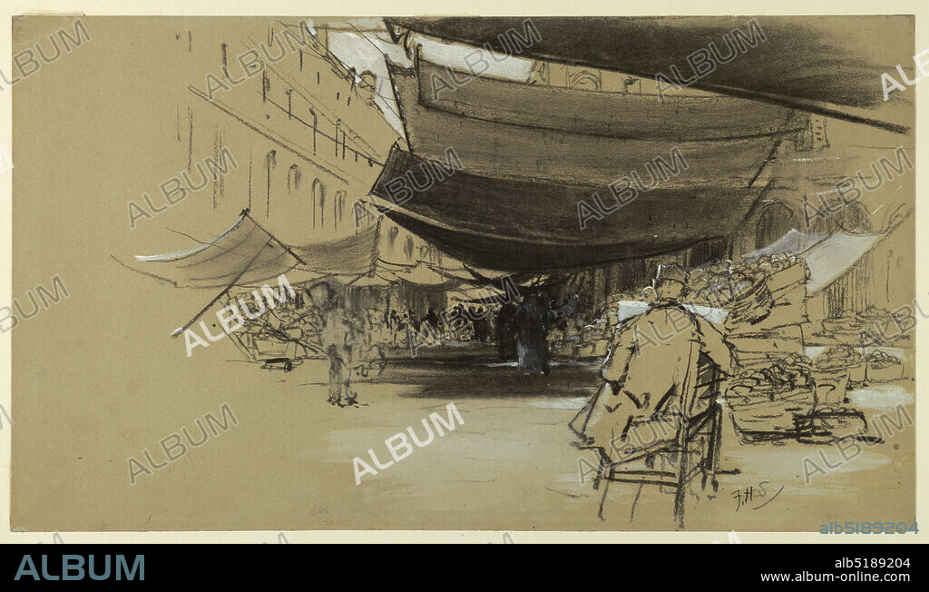 The Awnings of the Fruit Market, Francis Hopkinson Smith, American, 18381915, Charcoal, brush and white gouache on paper, Illustration for 'Venice of To-Day.' An open market in a city square with canvas awnings strung over the stalls. A male figure is seated before an easel in the foreground., ca. 1890, landscapes, Drawing, Drawing.