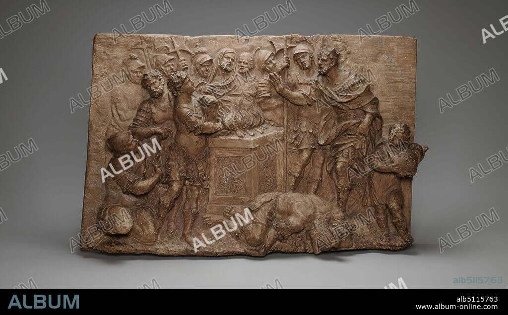 Mucius Scaevola before Lars Porsenna, ca. 16801730, Terracotta, 34 × 51.1 cm (13 3/8 × 20 1/8 in.), In memory of Clarence Earl Barton, Yale 1913, Yale Law School 1916, donated by his daughters, Mrs. Randolph V. L. Hall and Mrs. Elwin R. Lindsey, Italian, 17th century, Sculpture.