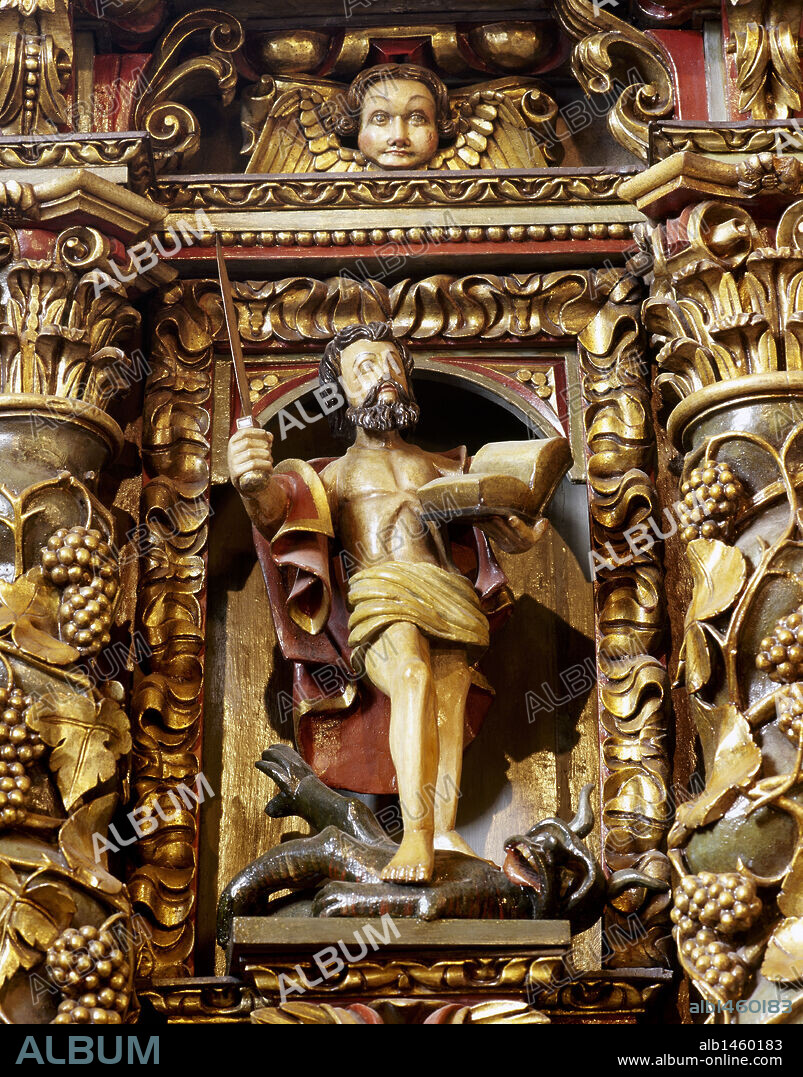 Spain, Galicia, Province of La Coru–a, San Andres de Teixido (Santo Andre de Teixido). Sanctuary. Baroque altarpiece, 18th century, on the main altar, by Miguel Lopez de la Pe–a. Apostle Saint Paul.