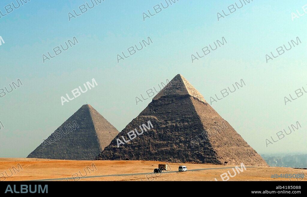 (Left) Pyramid of Khafre (Chephren) and Right. the Great Pyramid of Giza (Pyramid of Khufu. Pyramid of Cheops). in the Giza pyramid complex in Egypt.