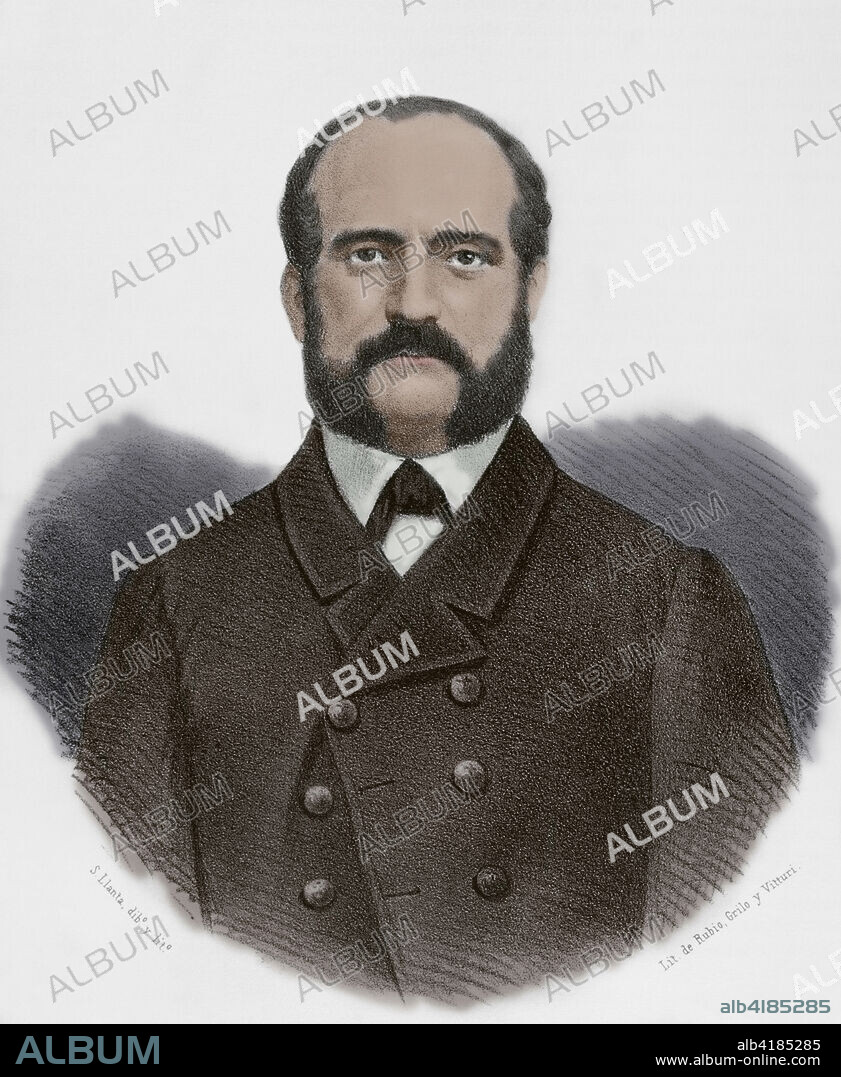 SANTIAGO LLANTA (FL. 1866-1872). FRENCH LITHOGRAPHER WHO WORKED IN SPAIN.. Juan Bautista Topete (Juan Bautista Topete y Carballo) (1821-1885). Spanish naval officer and politician. Vice admiral of the Spanish Navy. Portrait. Drawing by Llanta. Lithography. Later colouration. Cronica General de España, Historia Ilustrada y Descriptiva de sus Provincias. Andalucia, 1867.