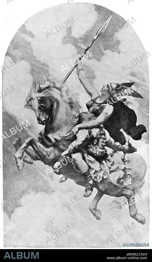 DELITZ. 'Ride of the Valkyries.' Scene from Richard Wagner's (1813-1883) opera The Valkyrie, showing Brunhilde bearing a wounded warrior to Valhalla.