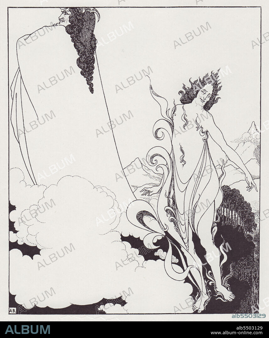 AUBREY BEARDSLEY. The Fourth Tableau of Das Rheingold, from The Savoy No. 6, 1896. Cover design with Wotan and Loge, illustration for Wagner's opera "Das Rheingold". Beardsley's advanced tuberculosis prevented him from completing the series. Published in "The Best of Beardsley" edited by R. A. Walker, [The Bodley Head, London, 1948].