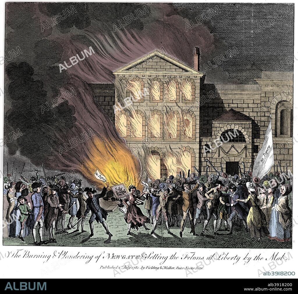 Anti-Catholic Gordon Riots, London, 6-7 June 1780. A mob setting fire to Newgate Prison and freeing prisoners. Lord George Gordon, a retired navy lieutenant, was strongly opposed to proposals for Catholic emancipation. On 2nd June, 1780, Gordon led a crowd of 50,000 people to the House of Commons to present a petition for the repeal of the 1778 Roman Catholic Relief Act, that had removed certain disabilities. This demonstration turned into a riot and for the next five days many Catholic chapels and private houses were destroyed. Buildings attacked and damaged included the Bank of England, King's Bench Prison, Newgate Prison and Fleet Prison. (Colorised black and white print).