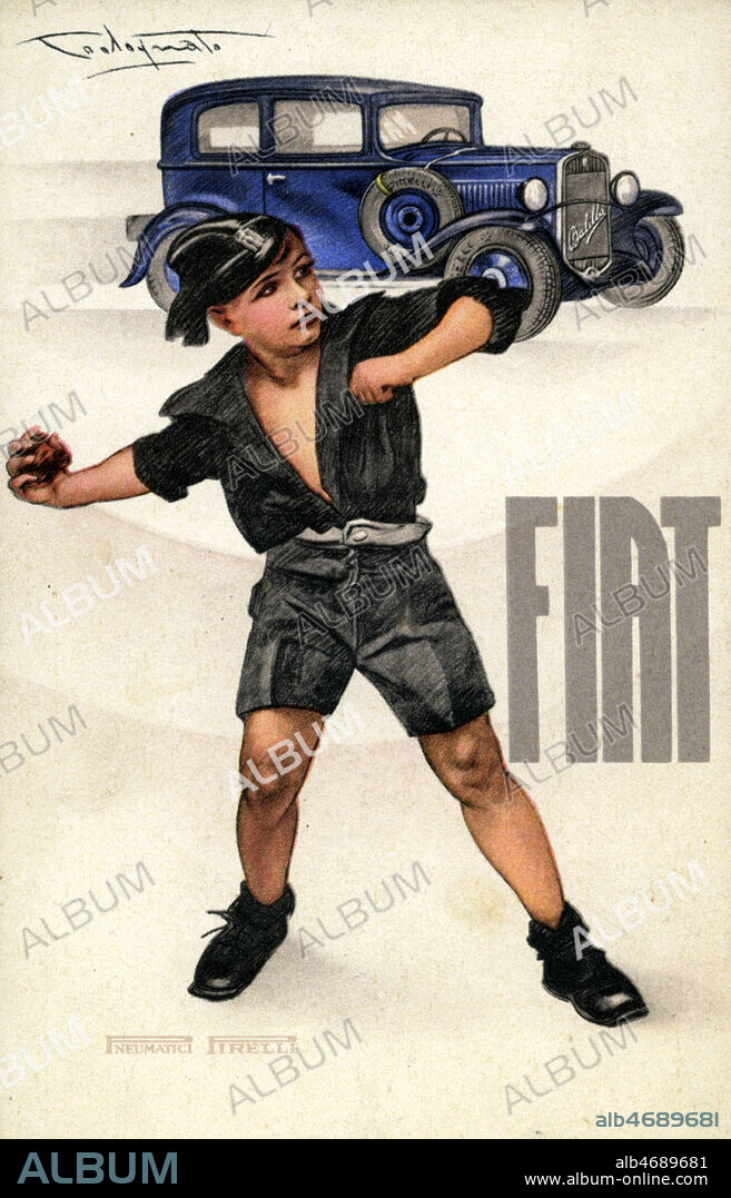 Publicite pour la Fiat 508 Balilla sortie dans les annees 30 entre 1932 et 1937, premiere automobile accessible aux classes moyennes italiennes. Enfant des jeunesses fascistes BALILLA jetant une pierre (a l'origine "Balilla" est le surnom de Giovanni Battista Perasso qui, en 1746 à Gènes lance un caillou contre un officier autrichien pour se rebeller contre l'invasion autrichienne de la région, mais dans les annees 30 c'est un mouvement de jeunesse organise par Mussolini Opera Nazionale Balilla) Carte postale publicitaire vers 1930 pour les voitures FIAT. Illustration anonyme. Credit : Collection IM/KHARBINE-TAPABOR.