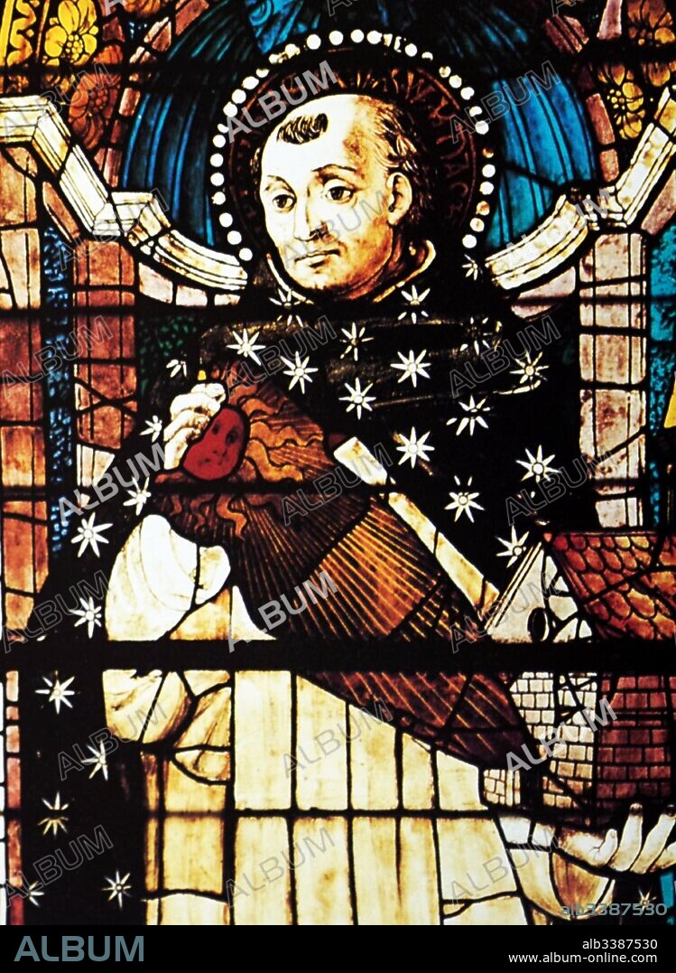 Saint Thomas Aquinas shown in a stained glass window (Cappella Strozzi di Mantova). La cappella Strozzi di Mantova. Mid 14th century; Italian church. Saint Thomas Aquinas (1225 - 1274), was an Italian, Dominican friar, Catholic priest, and Doctor of the Church. He was an immensely influential philosopher, theologian, and jurist in the tradition of scholasticism.
