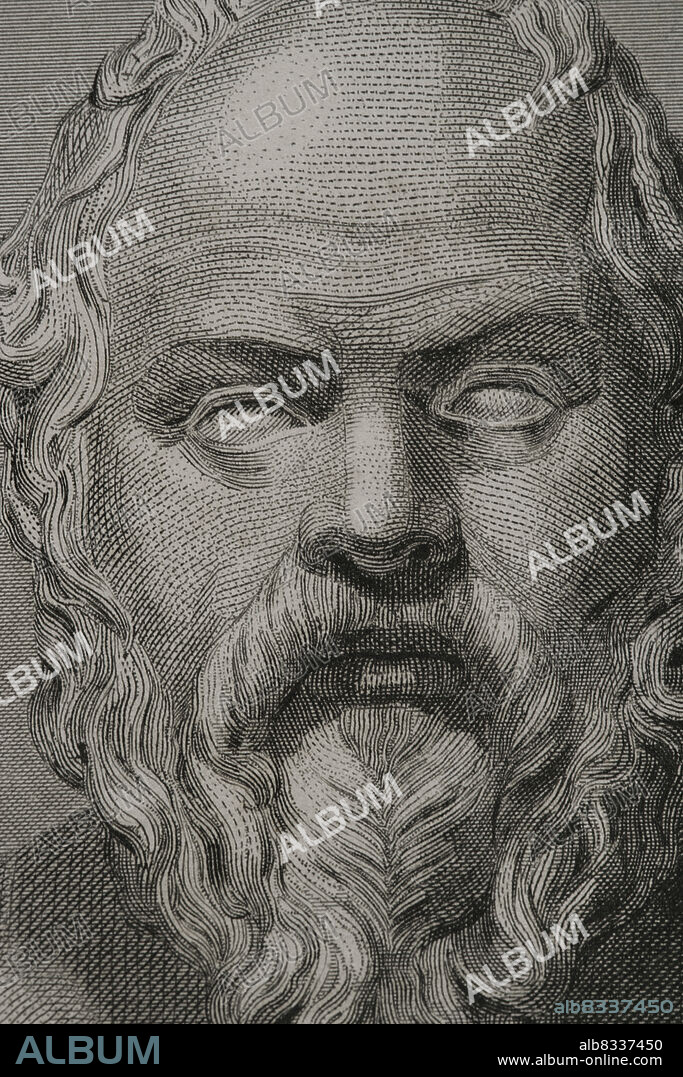 Sócrates (469 a.C. - 399 a.C.). Filósofo griego. Retrato. Grabado. Detalle. Historia Universal por César Cantú. Tomo I, 1854.