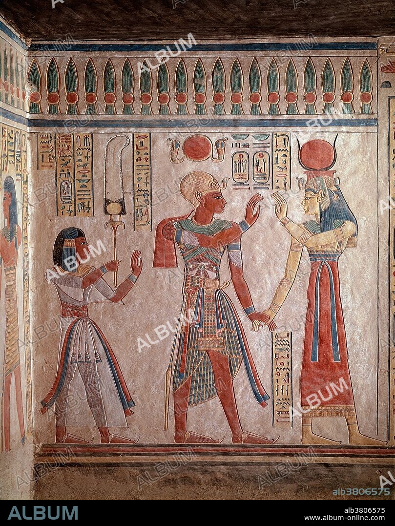 A painting of Ramses III, who reigned in Ancient Egypt from c. 1186 to1155 BCE, confronting Isis, in a tomb in the Valley of the Queens.