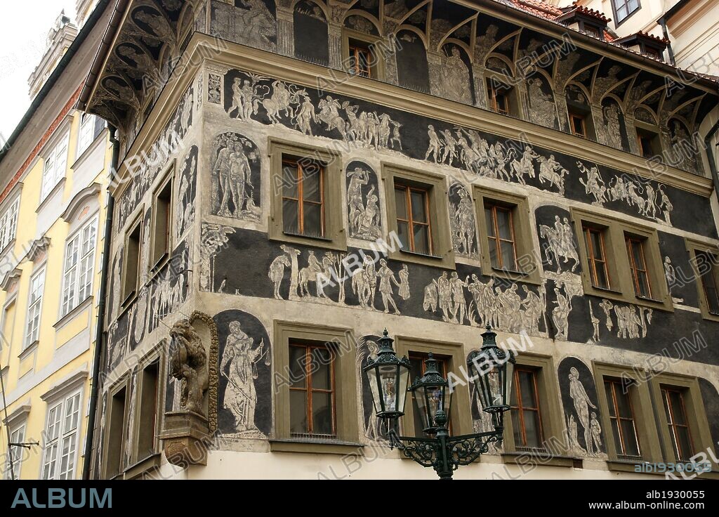 Czech Republic. Prague. The House at the Minute (Dum u Minuty). Old Town Square. It's a high-Renaissance house, adorned with a sgraffito facade. Built at late 15th century.