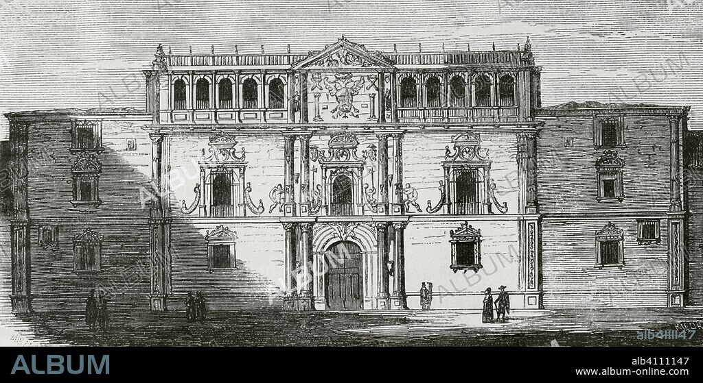 España. Universidad de Alcalá de Henares. Dibujo por Miranda. Grabado por Ricord. Crónica General de España, Historia Ilustrada y Descriptiva de sus Provincias. Castilla-La Nueva, 1869. Biblioteca Histórico Militar de Barcelona, Cataluña, España.