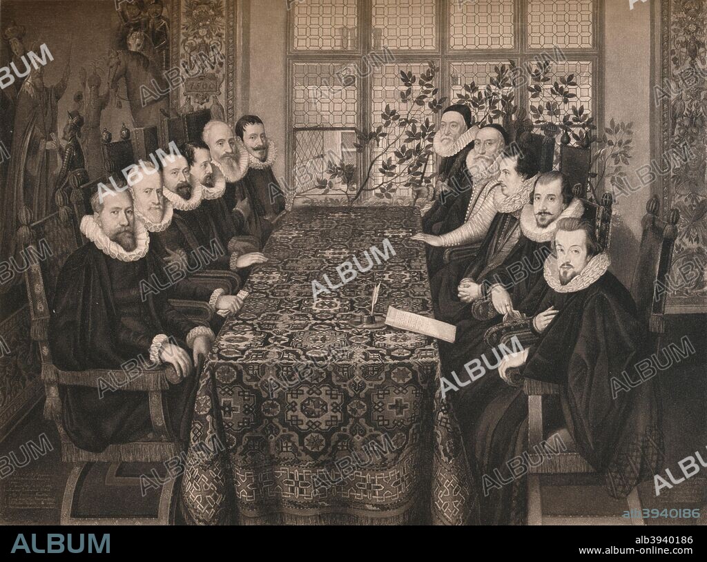 'The Somerset House Conference, 1604', 1604, (1904). A group portrait commemorating the peace treaty between England and Spain in 1604, which brought an end to a war which had lasted for almost twenty years. From the collection of the National Portrait Gallery, London. From James I. and VI, by T. F. Henderson. [Goupil & Co., Paris, Edinburgh, New York, London, 1904].
