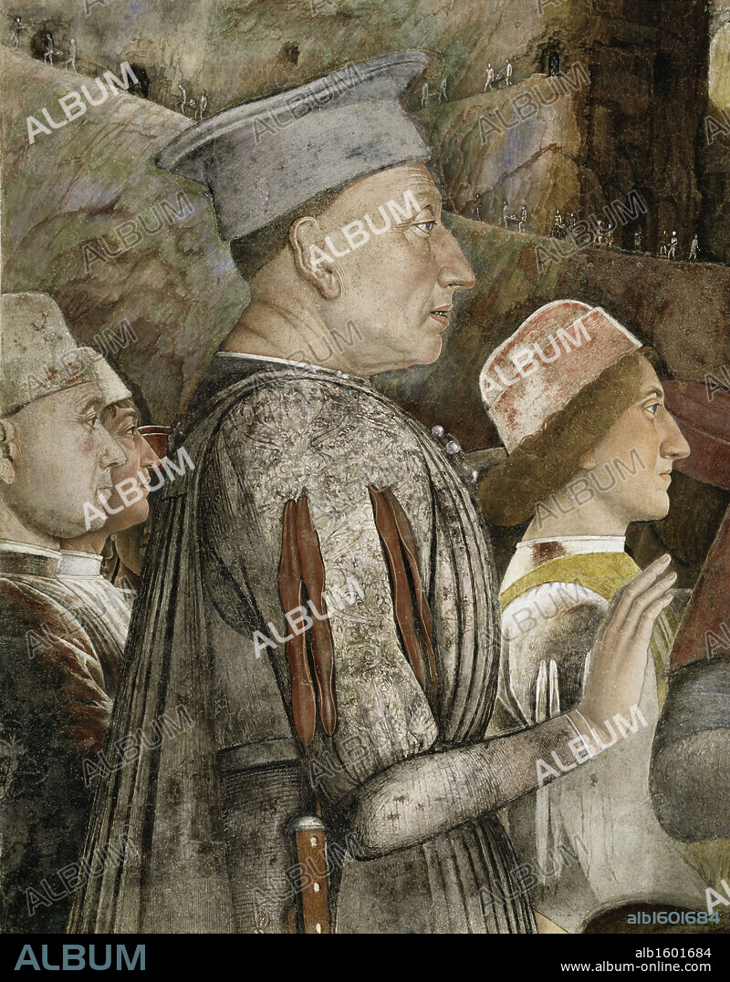 ANDREA MANTEGNA. CAMERA DEGLI SPOSI:THE MEETING (DETAIL OF LUDOVICO III) FRESCO Mantegna, Andrea 1431 d1506 Italian Palazzo Ducale, Mantua, Italy.