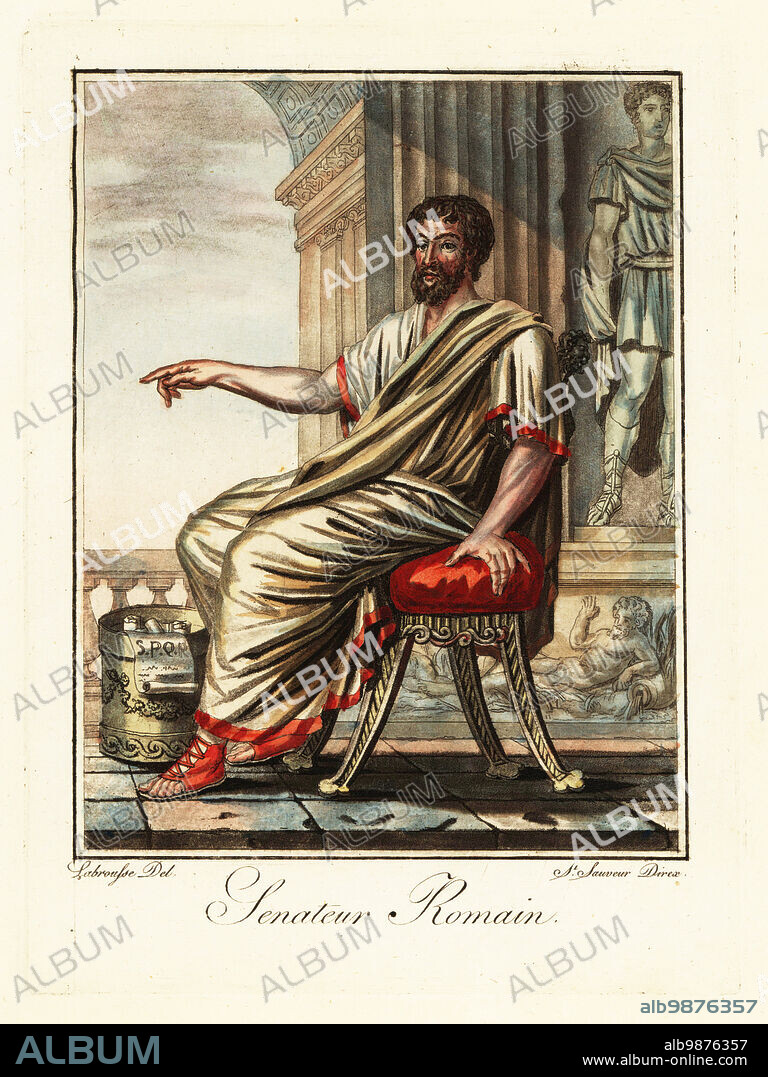 Roman senator seated on a chair, ancient Rome. In white toga with maroon sandals in the Curia Julia or senate house. Senateur Romain. Handcoloured copperplate drawn and engraved by L. Labrousse, artist of Bordeaux, under the direction of Jacques Grasset de Saint-Sauveur from his Lantique Rome, ou description historique et pittoresque, Ancient Rome, or historical and picturesque description, Chez Deroy, Paris, 1796.