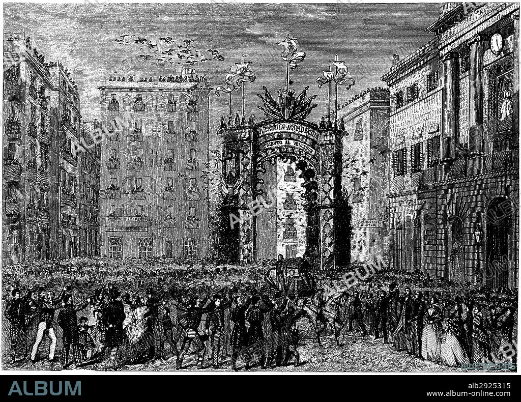 España. Entrada del general Juan Prim, conde de Reus, en Barcelona, el 8 de septiembre de 1860. Grabado de época.