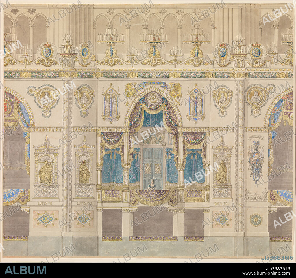PIERRE FRANCOIS LEONARD FONTAINE y CHARLES PERCIER. Elevation of the Royal Box for the Coronation of Louis XVIII,  Reims Cathedral. Artist: Charles Percier (French, Paris 1764-1838 Paris); Pierre François Léonard Fontaine (French, Pontoise 1762-1853 Paris). Dimensions: 30 3/16 x 34 1/8 in. (76.6 x 86.6 cm). Date: n.d..
