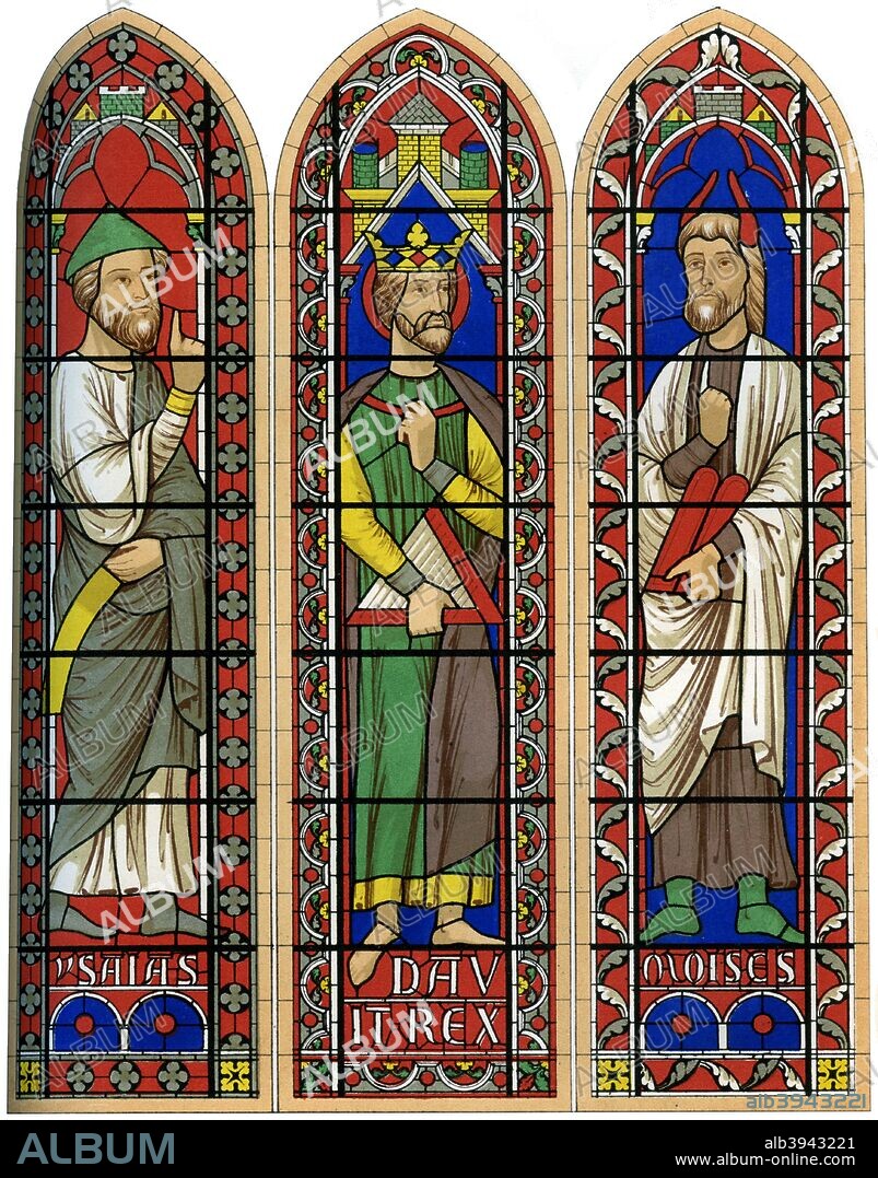 A stained glass window featuring Moses, King David and Isaiah, Bourges Cathedral, Bourges, France, 13th century (1849). Bourges Cathedral is dedicated to Saint Stephen. From Le Moyen Age et la Renaissance, volume V, by Paul Lacroix, Ferdinand Séré and A Rivaud, volume V (Paris, 1849).