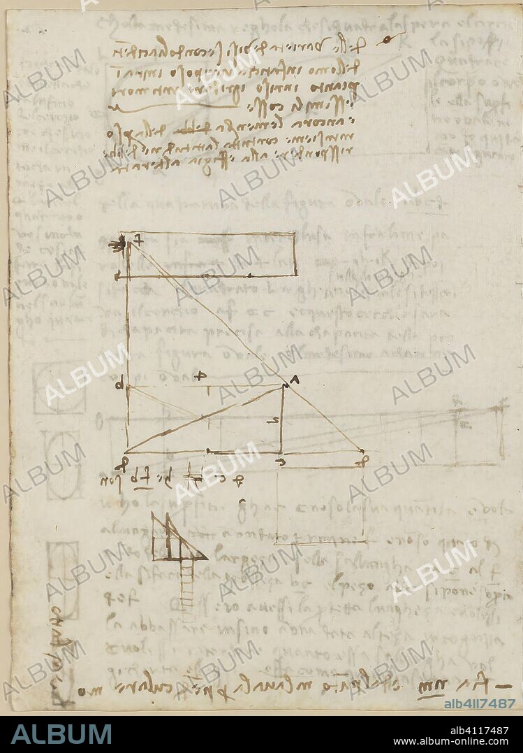 LEONARDO DA VINCI. Folio f 72v. Codex Madrid II (Mss. 8936) "Tratado de fortificación, estática y geometría". 158 folios (316 págs.); formato interior: 210 x 145 mm. MATEMÁTICAS. PERSPECTIVA, ÓPTICA, PINTURA, DIBUJO.