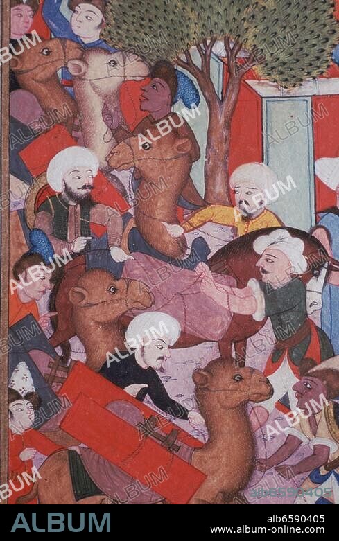 Ertugrul Gazi; turkmenischoghusischer Hordenführer und Vater Osmans I.; Ahlat 1198-Sögüt 1281/82. /-Ertugrul Gazi entsendet seinen Sohn Savci Bey zum Sultan Alaeddin Keykubad mit der Bitte, neues Gebiet besiedeln zu dürfen.-/ Ausschnitt. Miniatur, türkisch, 1616. Aus: Tadj al-Tawarikh (Die Krone der Chroniken) von Saad ed-Din (Geschicht...