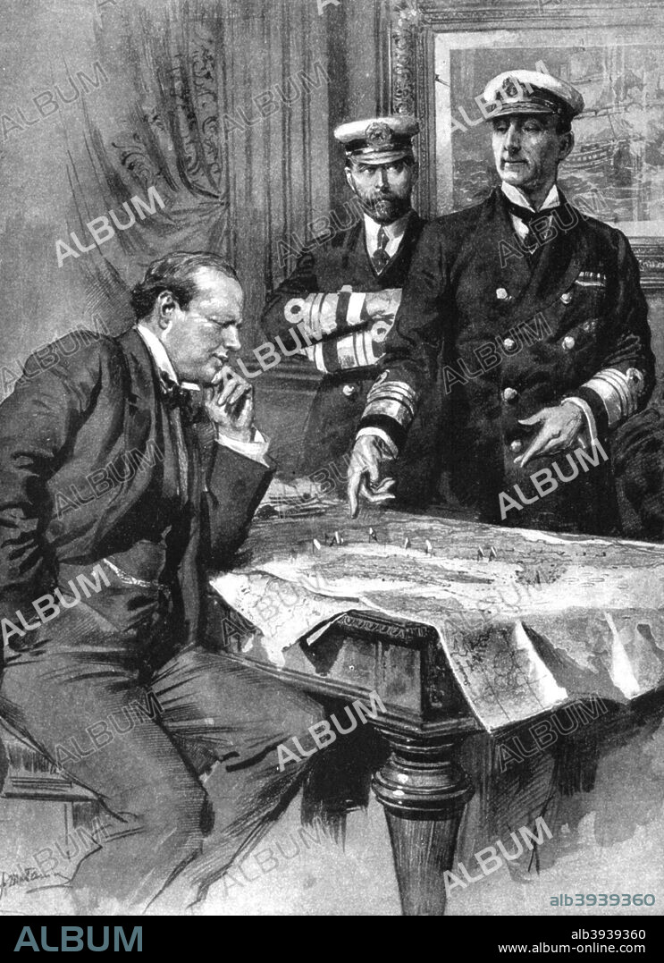 Winston Churchill, Charles Madden and Sir John Jellicoe, First World War, 1914. Churchill, First Lord of the Admiralty; Madden, Commander-in-Chief of the Atlantic Fleet; and Admiral Jellicoe, Commander of the Grand Fleet. Illustration from The Great War HW Wilson, Vol I, (London, 1914).