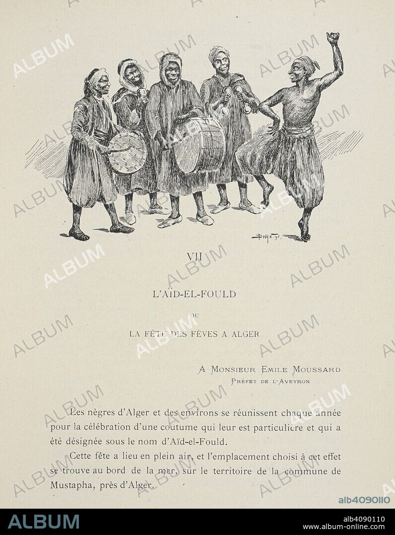 EDWIN COLLAS DAWSON. AÃ¯d-el-Fould ou la fÃªte des fÃ¨ves a Alger. The festival celebrated annually by the negroes of Algiers, and known by the name of Eid el Foul. Illustration shows a line of musicians. James Hannington, D.D., F.L.S., F.R.G.S., First Bishop of Eastern Equatorial Africa. A history of his life and work, 1847-1885 ... With a portrait and illustrations. London : Seeley & Co., 1887. Source: 4907.cc.6 plate opposite page.