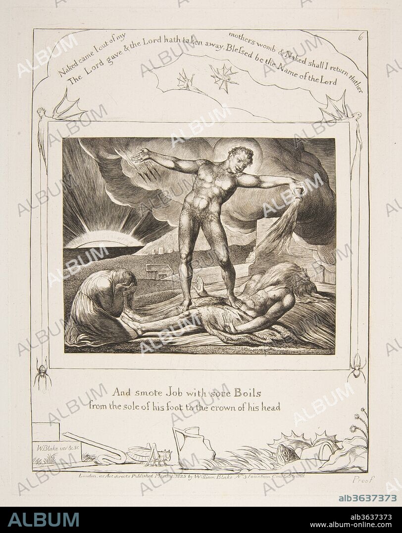 Satan Smiting Job with Boils, from Illustrations of the Book of Job. Artist: William Blake (British, London 1757-1827 London). Dimensions: plate: 8 1/2 x 6 5/8 in. (21.6 x 16.8 cm)
sheet: 16 1/8 x 10 7/8 in. (41 x 27.6 cm). Publisher: Published by William Blake (British, London 1757-1827 London) No. 3 Fountain Court, Strand. Date: 1825-26.