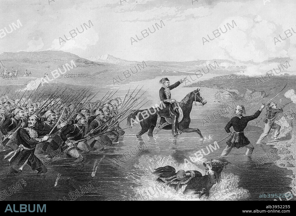 Passage of the Ingour by Omar Pasha (1806-1871), 1854 (1857). From England's Battles by Sea and Land, volume IV: Russia and Turkey, by Lieutenant Colonel Williams, Published by The London Printing and Publishing Company (1857).