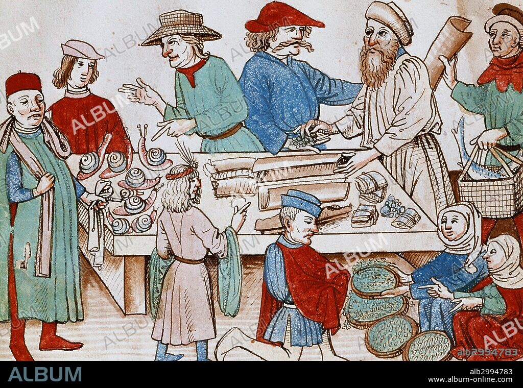 SOCIEDAD MEDIEVAL. SIGLO XV. "VISTA DE UN MERCADO SITUADO EN LA PLAZA DE LA CIUDAD ANTIGUA DE PRAGA". Este mercado se remonta al año 1091. "Crónicas de Ulrico de Richentel", del siglo XV. Grabado en color. Biblioteca Nacional. Praga. República Checa.