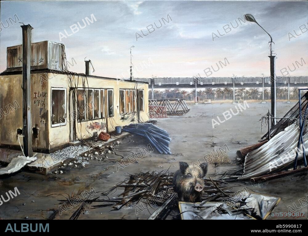 Berlin, ehem.Kontrollpunkt Dreilinden-Grenzübergangstelle Dreilinden/Drewitz für den Transitverkehr zwischen Westberlin und Westdeutschland. /-"Ehemaliger Kontrollpunkt Dreilinden".-/ Gemälde, 1994, von SOOKI (Youn-Sook Koeppel, geb.19954). Öl auf Leinwand, 50 x 70 cm. Besitz der Künstlerin.