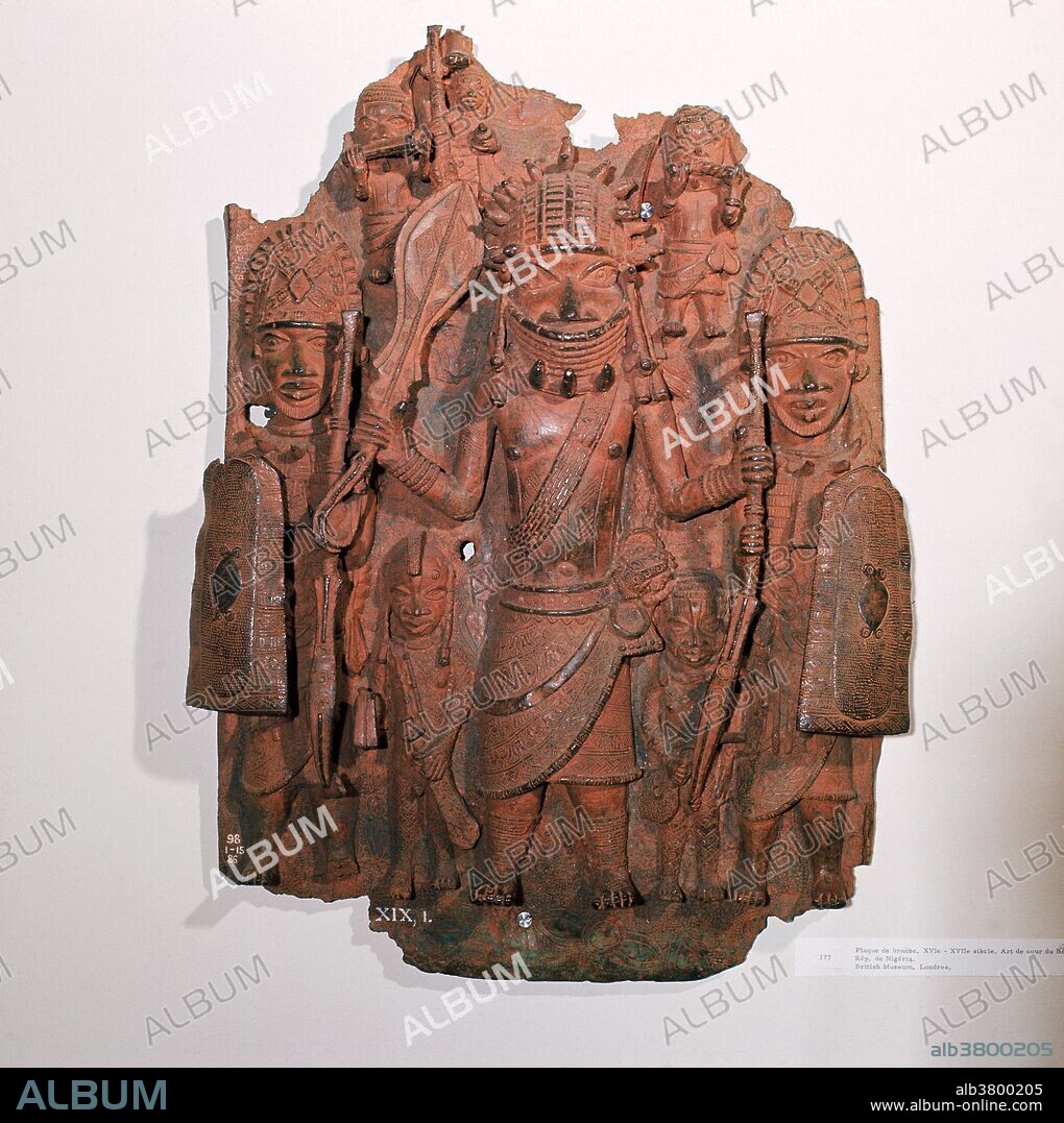 Benin bronze plaque from the 16th-17th century from the palace of the Oba (probably at the British Museum). The Benin empire was located mostly in what is now Nigeria, Africa, and were known for their bronze sculptures.