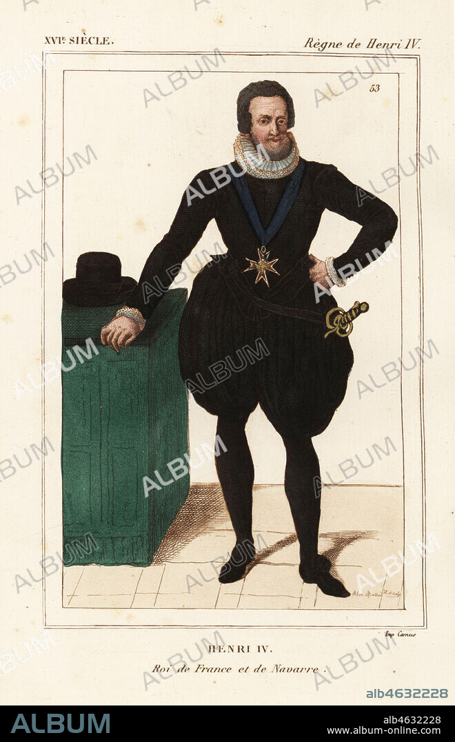 King Henry IV of France and Navarre. He wears the cross of the Order of the Holy Spirit on his chest. Drawn and lithographed by Alexandre Massard after a portrait in Roger de Gaignieres' gallery portfolio X 2 from Le Bibliophile Jacob aka Paul Lacroix's Costumes Historiques de la France (Historical Costumes of France), Administration de Librairie, Paris, 1852.