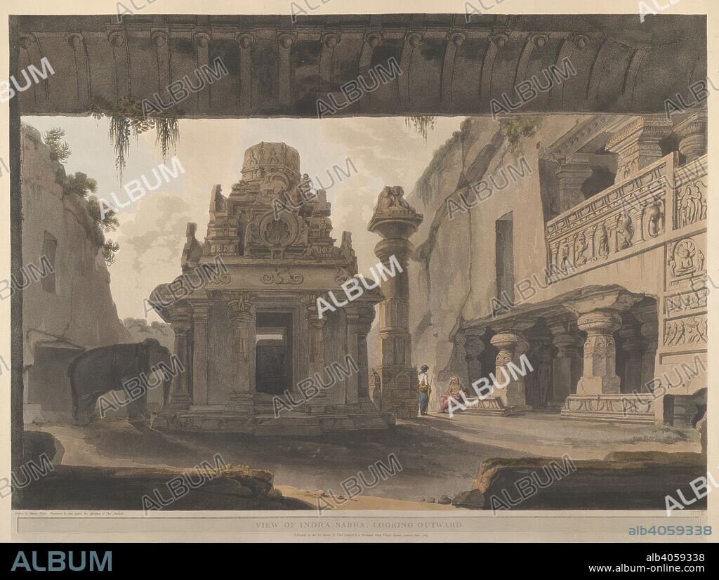 View of Indra Sabha, looking outward. The monolithic shrine, with a pyramidal superstructure topped by an octagonal roof, stands in the middle of the inner court of Indra Sabha cave. Beside it are a free-standing elephant and a column with Jain figures seated on top. The sides of the court are decorated with lion and elephant friezes and Tirthankaras  . Hindoo excavations in the mountain of Ellora near Aurungabad in the Decan: in twenty four views respectfully dedicated to Sir Charles Warre Malet Bart. late the British Resident at Poonah: engraved from the drawings of James Wales, by and under the direction of Thomas Daniell. [With descriptive letterpress and plans.]. London : Thos. Daniell, 1803-1804. Coloured aquatint. Source: X432/6(7). Language: English.