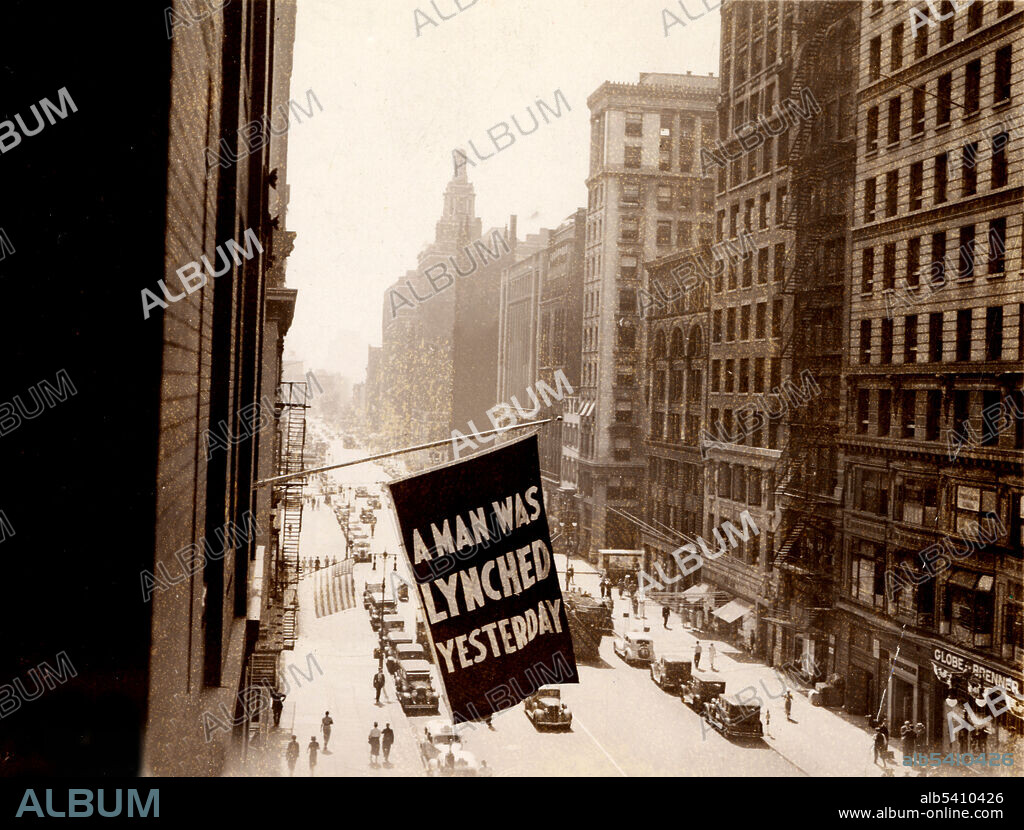 Flag, announcing lynching, flown from the window of the NAACP headquarters on 69 Fifth Avenue, NYC. The National Association for the Advancement of Colored People (NAACP) is a civil rights organization in the United States, formed in 1909 as a bi-racial endeavor to advance justice for African-Americans.  Lynchings rose in number after the American Civil War, following the emancipation of slaves; they declined in the 1920s but have continued to take place into the 21st century. Most lynchings were of African-American men in the South. Visual Materials from the NAACP, 1936.