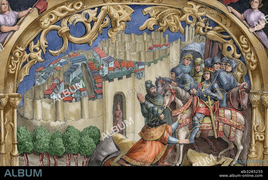 BOABDIL (1460-1527). Ultimo rey de la Granada nazarí (1482-1492). Hijo de Muley Hacén y de la princesa Fátima. "BOABDIL ENTREGA LAS LLAVES DE GRANADA". Litografía de J. Parra y Bachiller que reproduce una escena de la sillería del coro de la catedral de Toledo. Grabado coloreado.
