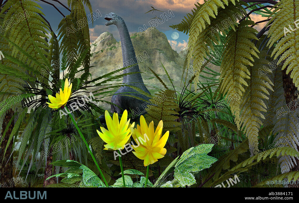 A sauropod Camarasaurus dinosaur, which lived during Earth's Jurassic Era, reaches out for the fresh upper leaves on trees that form part of this herbivores diet.