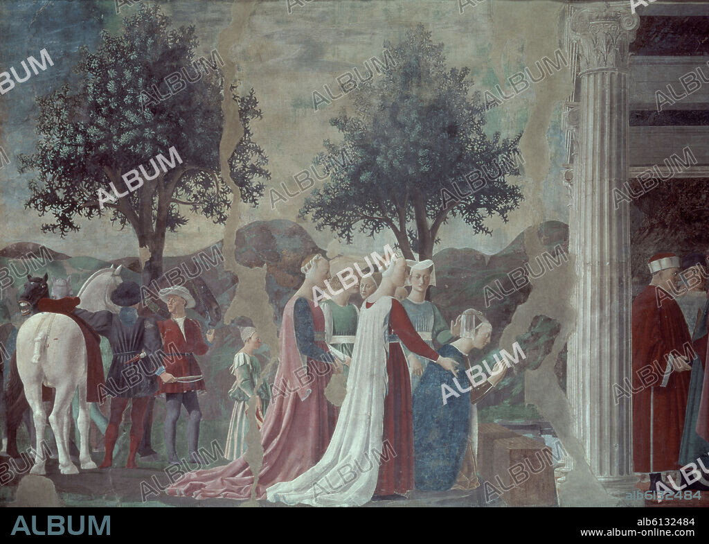 PIERO DELLA FRANCESCA (1420/92). REINA DE SABA REZA FRENTE A UN PUENTE CONSTRUIDO CON EL ARBOL PLANTADO EN LA TUMBA DE ADAN.