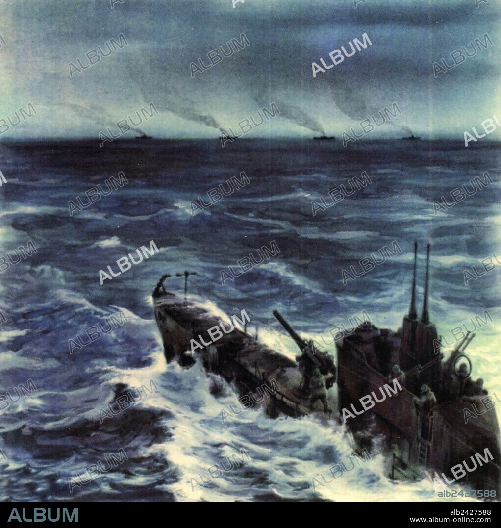 Illustration World War II war at sea 1940 1945-Italian Navy. Italian submarines and submarine warfare. BETASOM, Italian language acronym of Bordeaux Sommergibile, the ubmarine base established at Bordeaux by the Italian Regia Marina Italiana during World War II. From this base, Italian submarines participated in the Battle of the Atlantic from 1940 to 1943 as part of the Axis anti-shipping campaign against the Allies. Original illustratoon published in Vedetta Atlantica the ufficial magazine of submarine italian crews in Betasom.