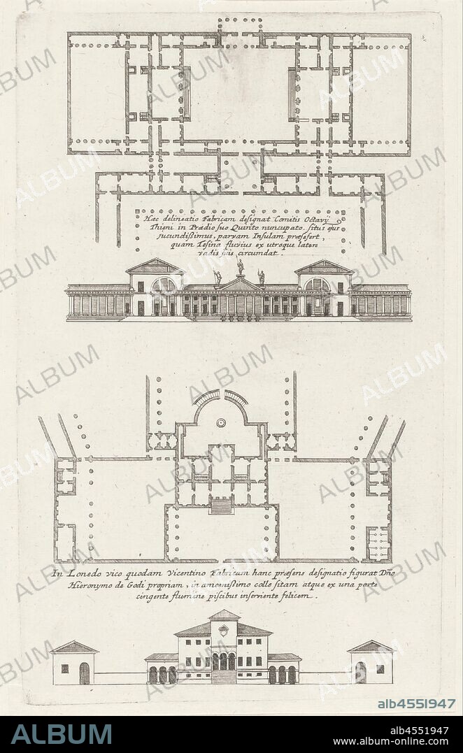 Plans and facades of two villas designed by Andrea Palladio Villas of Palladio (series title) Magesyn of Italian buildings (series title), The print is part of an album, public baths, anonymous, Italy, 1600 - 1699, paper, etching, h 315 mm × w 191 mm.