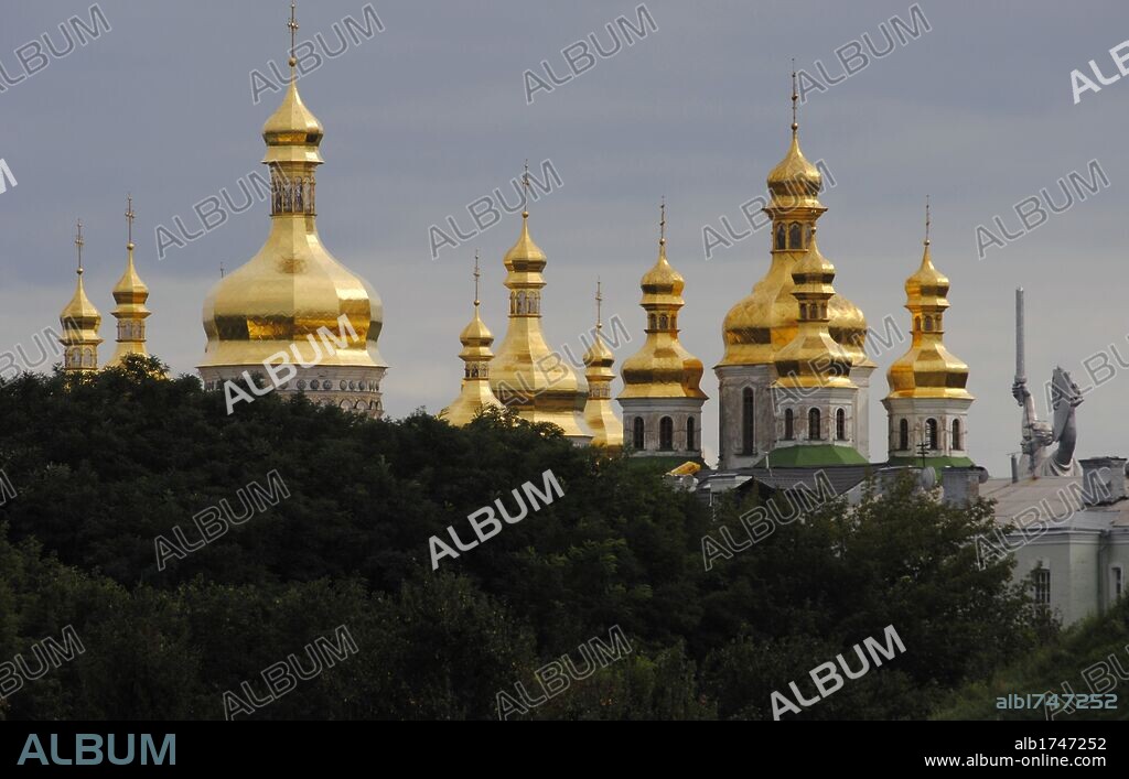 Ukraine. Kiev. Saint Sophia Cathedral. Byzantine style. Exterior view of the thirteen golden onion domes. 11th century. Unesco World Heritage Site.