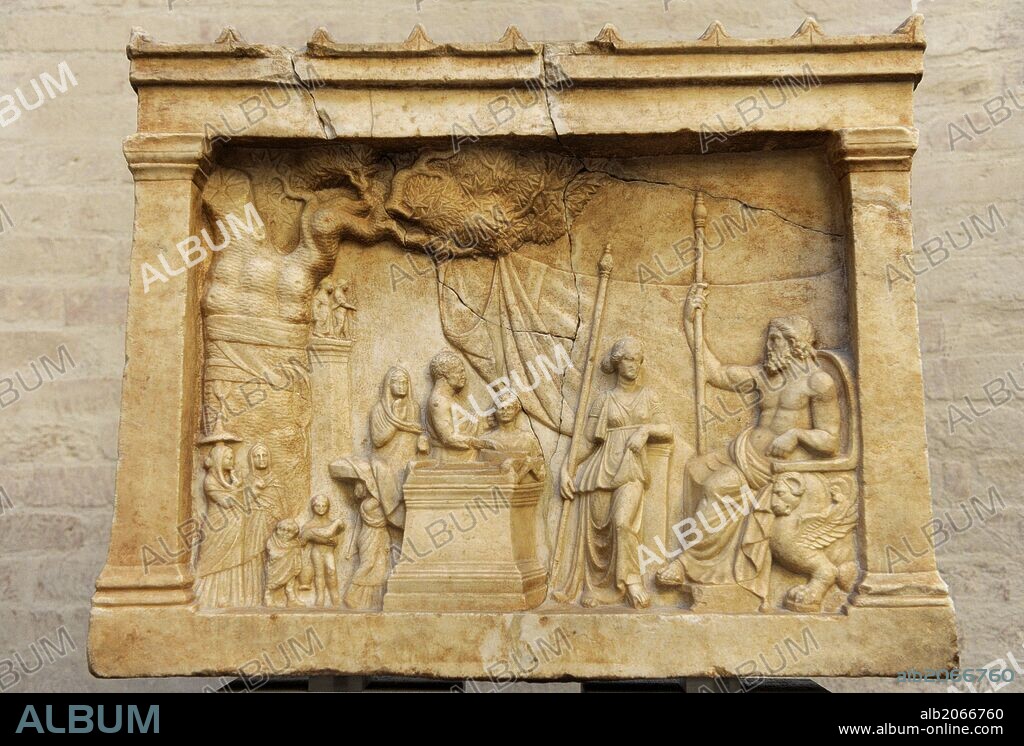 Greek art. Munich Votive Relief. About 200 BC. In a idyllic landscape a family about to make a sacrifice approaches the god, seated on a throne, and his companion. Glyptothek. Munich. Germany.
