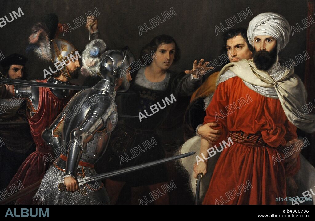 Rafael Tegeo (1798-1856). Pintor español. Ibrahim-el Djerbi, o el Moro Santo, cuando en la tienda de la Marquesa de Moya se intentó asesinar a los Reyes Católicos (Sitio de Málaga), 1850. Óleo sobre lienzo. Colecciones Reales de Patrimonio Nacional. Palacio Real. Madrid. España.