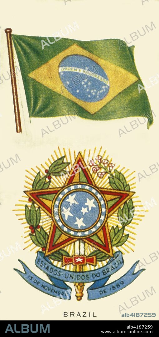 'Brazil', c1935. From "An Album of National Flags and Arms". [John Player & Sons, c1935]. The coat of arms shows central emblem with coffee (left) and tobacco (right).