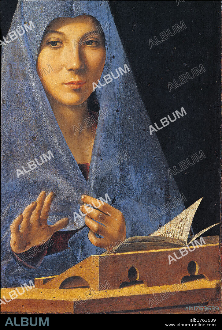 The Virgin Annunciate, by Antonello di Antonio known as Antonello da Messina, 15th Century, 1476-1477 about, panel, cm 45 x 34,5 x. Italy, Sicily, Palermo, Palazzo Abatellis, Sicilian Regional Art Gallery. Authorization required for non editorial use.
