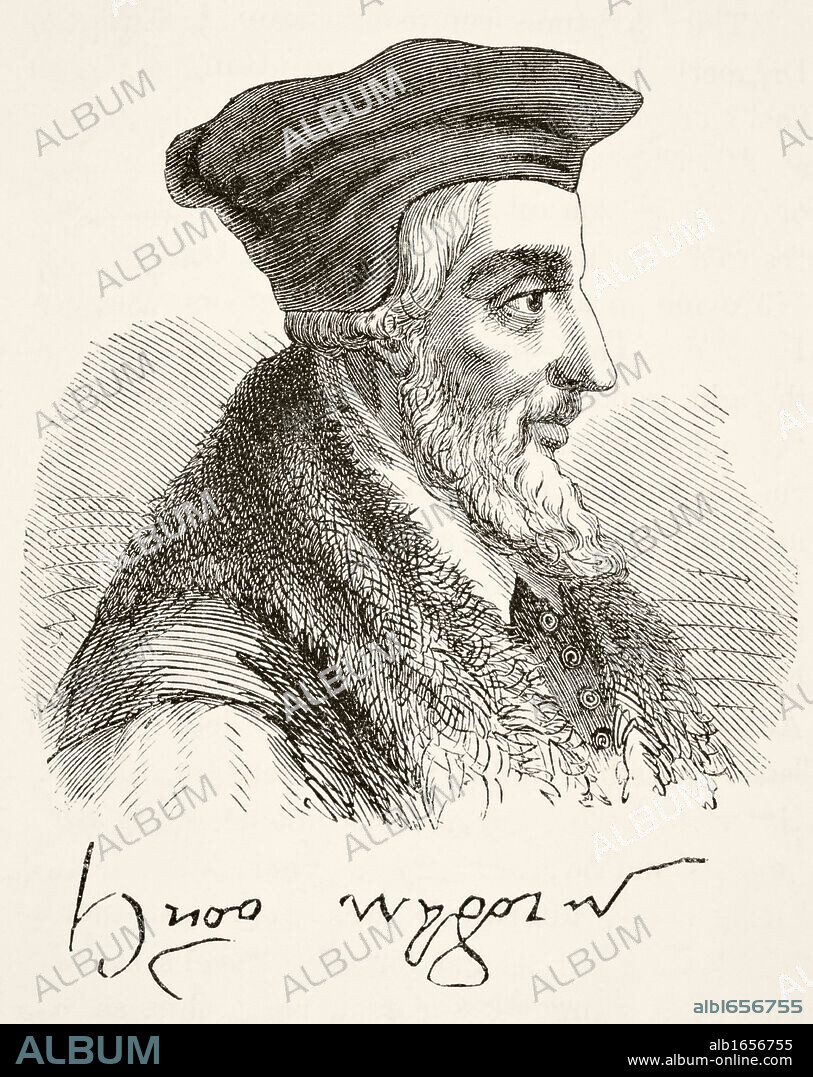 Portrait and signature of Bishop Hugh Latimer 1485 to 1555 English preacher and Protestant martyr. From The National and Domestic History of England by William Aubrey published London circa 1890.