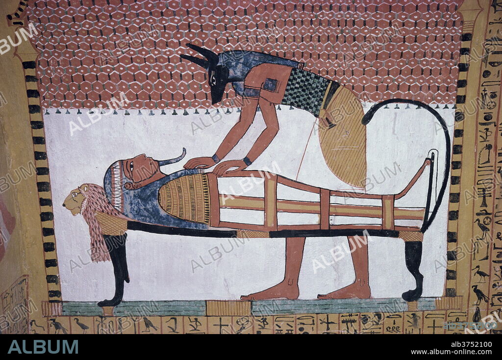 Mural showing the god Anubis leaning over mummy of Ramses II, in the Tomb of Sinjin, chief artist to Ramses II, Deir el Medina, Thebes, UNESCO World Heritage Site, Egypt, North Africa, Africa.