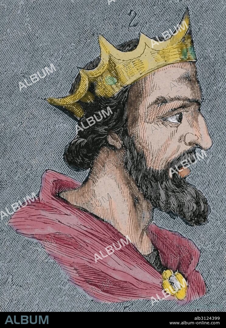 SUINTILA. Rey visigodo (621 a 631). Tuvo bajo su poder toda la península ibérica, lo que ningún godo había logrado. Grabado coloreado.