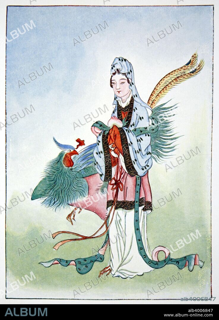 Hsi Wang Mu, ancient Chinese goddess, 1922. A goddess who is thought to predate Taoism, but is now associated with it, Hsi Wang Mu is known as the Golden Mother of the Tortoise and the wife of the August Personage of Jade. She was formed of the pure quintessence of western air and presides over banquets of immortality. From Myths and Legends of China, by Edward TC Werner, published by George G Harrap & Co, 1922.